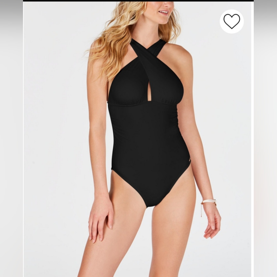 Michael Kors Convertible Rouched Swimsuit In Black Size 10